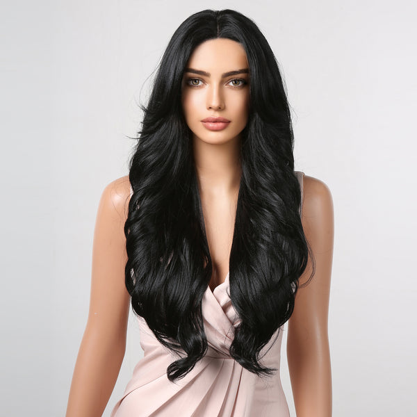 28 Inches Long Black Lace Front Synthetic Wigs Wave Daily Use for Women