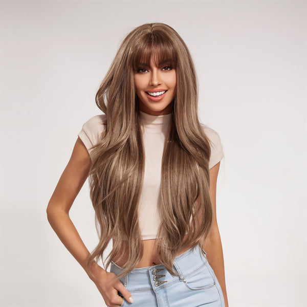 28 Inches Brown Blonde Synthetic Wigs with Bangs Long Natural Wavy Hair Wig for Women Daily Cosplay Use Heat Resistant Hair