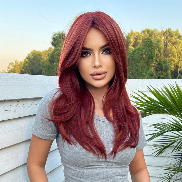 20 Inches Red Short Straight Synthetic Wig with Bangs Daily Use for Women