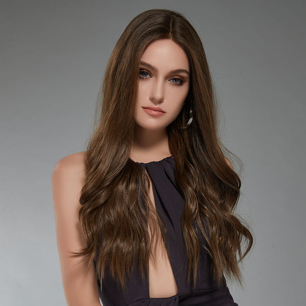 28 Inches Brown Wave Long Lace Front Synthetic Wigs Cosplay Party Natural Hair