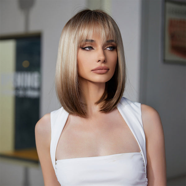 12 Inches Brown Mixed Blonde Short Bob Synthetic Wigs with Bangs for Women