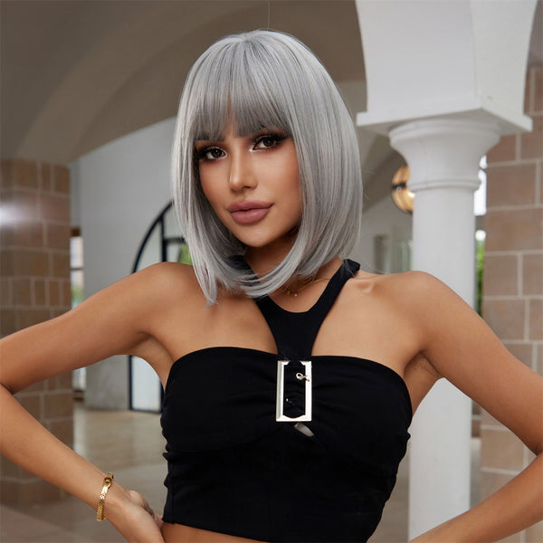 12 Inches Short Sliver Gray Hair Wig Lolita Synthetic Wigs with Bangs Bob Natural Party Hair