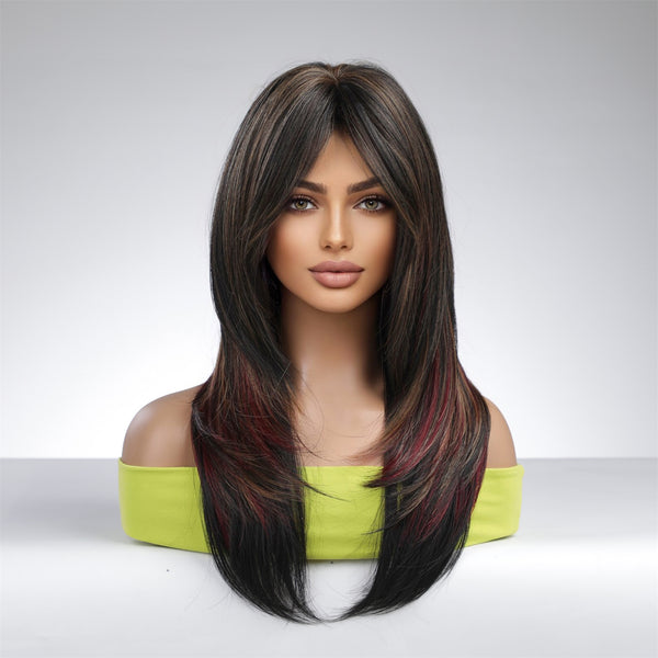 20 Inches Medium Length Straight Ombre Brown Colorful Synthetic Wigs for Women Cosplay Heat Resistant