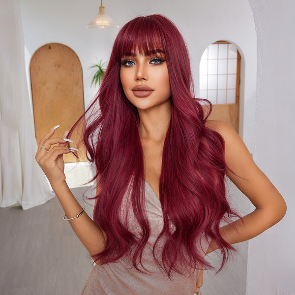 28 Inches Long Red Wig for Women Natural Wigs with Bangs High Quality Women Party Hair