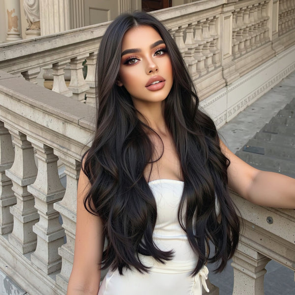 13*5*1 Lace Front Wig 26Inches Long Black Wavy Lace Front Synthetic Wigs for Whiite and Black Women High Resistant Fiber