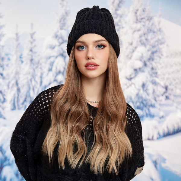 26 Inches Long Brown Mixed Blonde Natural Wig Hats Autumn Detachable Wig Fashion Casual Woolen Winter Bonnet for Women