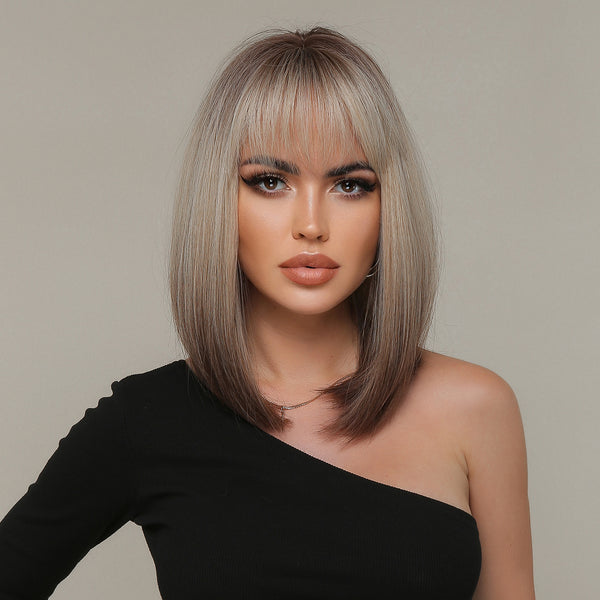 13 Inches Short Bob Brown to Light Wigs with Bangs Layered Synthetic Wigs Cosplay Party Heat Resistant Fiber