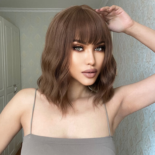 12 Inches Brown Short Wave Synthetic Wigs with Bangs Heat Resistant Fiber