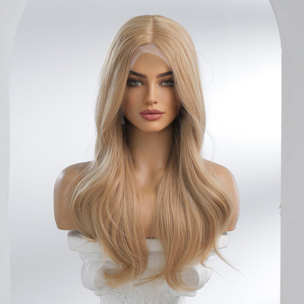 26 Inches Long Blonde Lace Front Synthetic Wigs Wavey Wig with Bangs