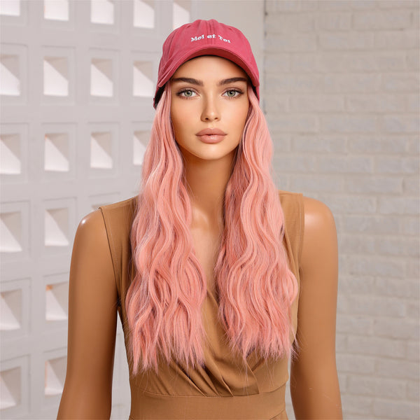 26 Inches Pink Body Wavy Wig Hat Wigs Cap with Hair Connect Synthetic Hair Women Daily Use