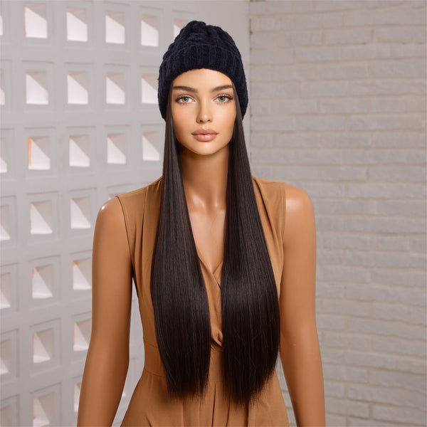 28 Inches Black Straight Hat wigs Cap Connect Synthetic Hair for Women Daily Party