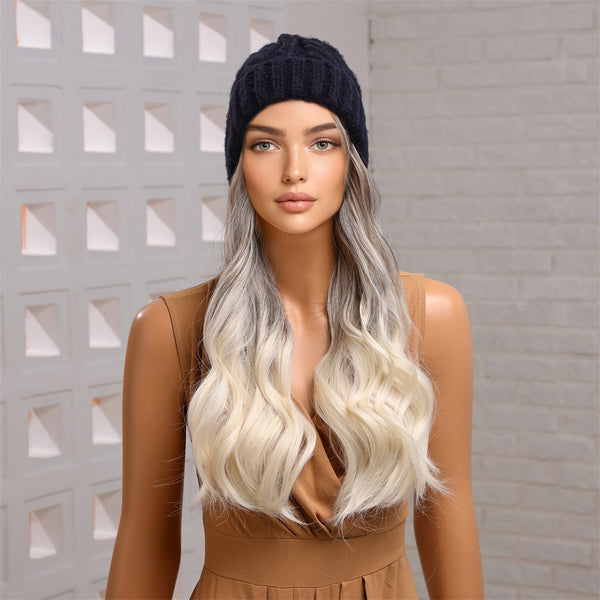 26 Inches Brown Blonde Wavey Hat Wigs Cap Connect Synthetic Hair for Women Daily Party