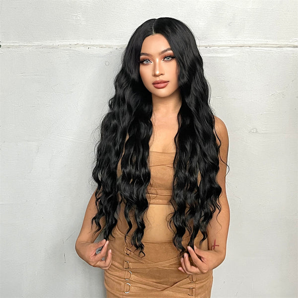 32 Inches Long Black Wavey Lace Front Synthetic Wigs for Whiite and Black Women High Resistant Fiber