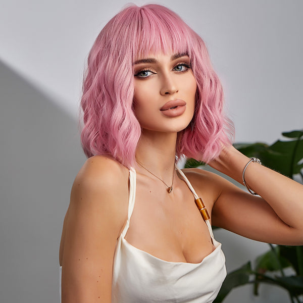 14 Inches Pink Short Wavey Synthetic Wigs with Bangs Natural Hair Heat Resistant Fiber