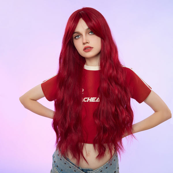 26 Inches Long Red Wig with Bangs Wave Synthetic Wigs for Women Halloween Party Cosplay Natural Heat Resistant Hair