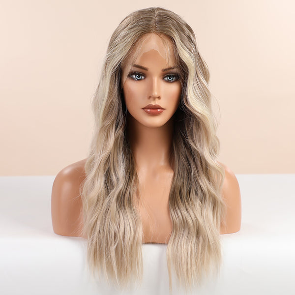 26 Inches Long Brown Blonde Lace Front Synthetic Wigs for Women Natural Wig with Bangs