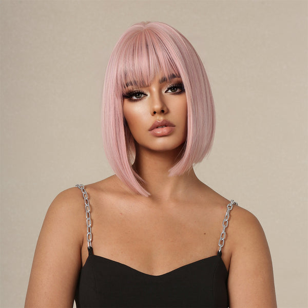 12 Inches Short Bob Pink Wig Synthetic Wigs with Bangs Daily Party Heat Resistant Fiber