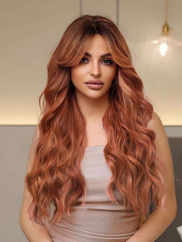 26 Inches Long Wave Orange Wig with Bangs Synthetic Wigs for Women Natural Hair Heat Resistant Fiber