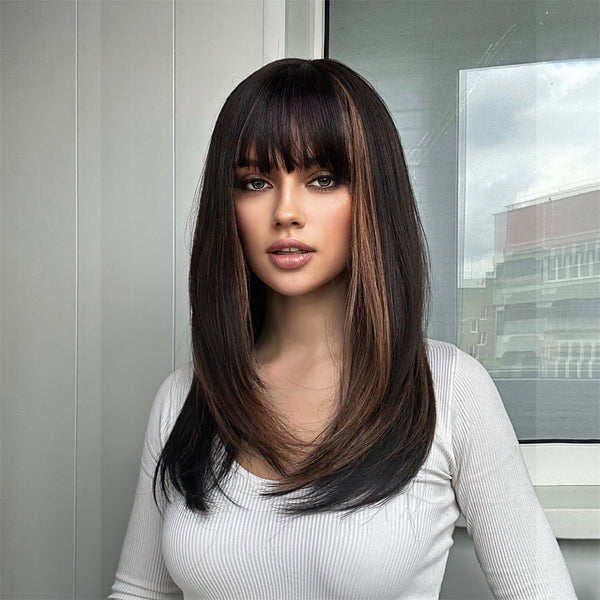 20 Inches Medium Length Black Mixed Golden Layered Straight Synthetic Wigs Daily Use High Resistant Fiber