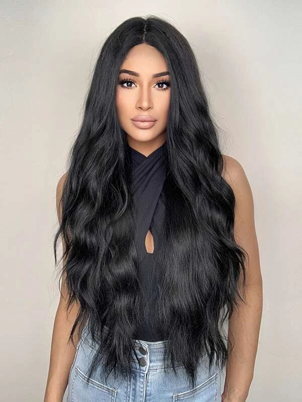 30 Inches Long Wavy Black Wig with Bangs Synthetic Wigs Heat Resistant Hair