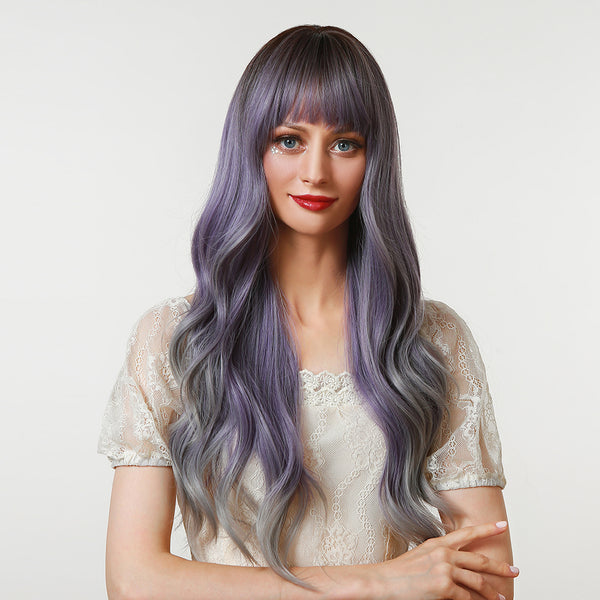 26 Inches Ombre Blue Grey Natural Long Wavy Synthetic Wig Daily Party Cosplay Halloween Use Heat Resistant Fiber