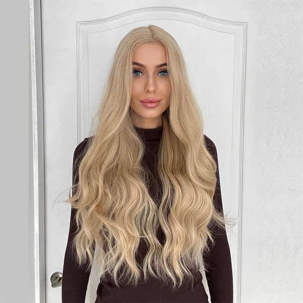 32 Inches Long Blonde Lace Front Synthetic Wigs Wave Natural Hair High Resistant Fiber