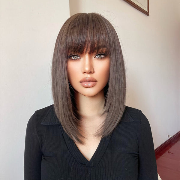 14 Inches Brown Short Bob Synthetic Wigs with Bangs Daily Use Heat Resistant Fiber