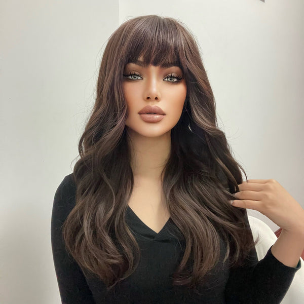 26 Inches Long Black Synthetic Wigs with Bangs for Women High Quality