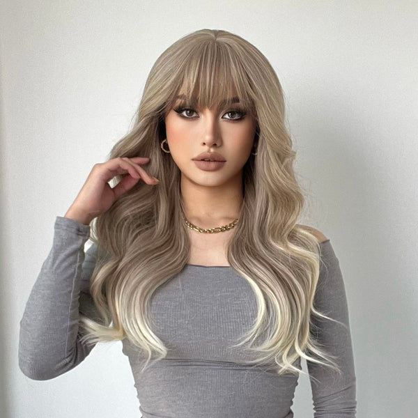 26 Inches Long Wavey Ombre Brown Ash Blonde Synthetic Wig with Bangs for Women Daily Party Cosplay Halloween Use