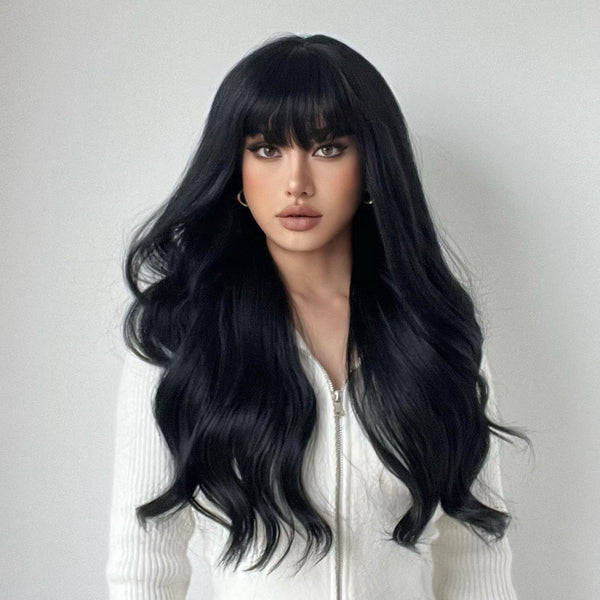 26 Inches Long Wavy Black Wig with Bangs Synthetic Wigs Heat Resistant Hair