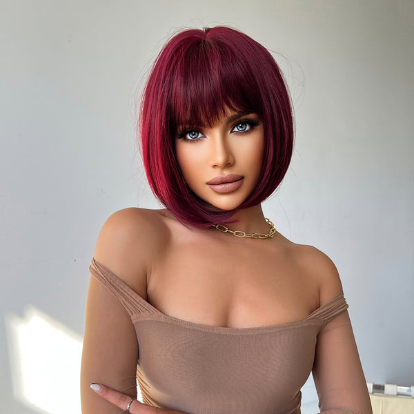 10 Inches Red Short Bob Synthetic Wigs with Bangs Daily Use Heat Resistant Fiber