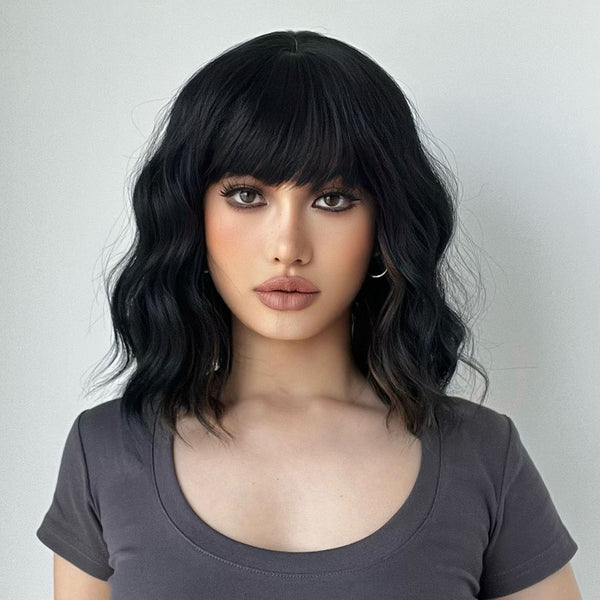 13 Inches Brown Black Short Wave Synthetic Wigs with Bangs Heat Resistant Fiber