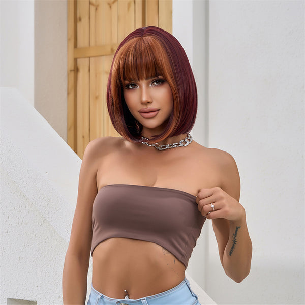 10 Inches Red Mixed Orange Short Bob Synthetic Wigs  Daily Use Heat Resistant Fiber