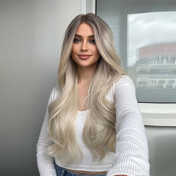 28 Inches Long Blonde Wave Lace Front Synthetic Wigs for Women Natural Hair