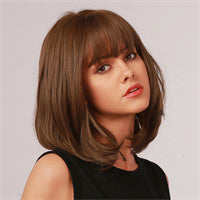 12 Inches Short Brown Bob Synthetic Wigs with Bangs Wavey Heat Resistant Fiber