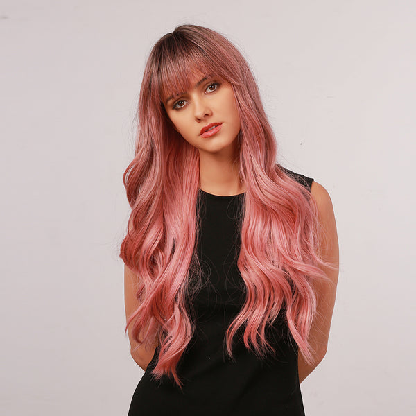 26 Inches Long Pink Synthetic Wigs for Women with Bangs Heat Resistant Fiber