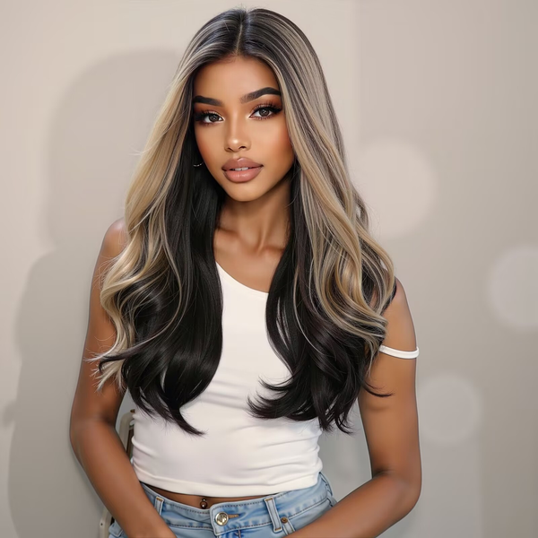 13*5*1 Lace Front 26 Inches Long Black Mixed Blonde Synthetic Wigs Wave Nature Party Hair for Women